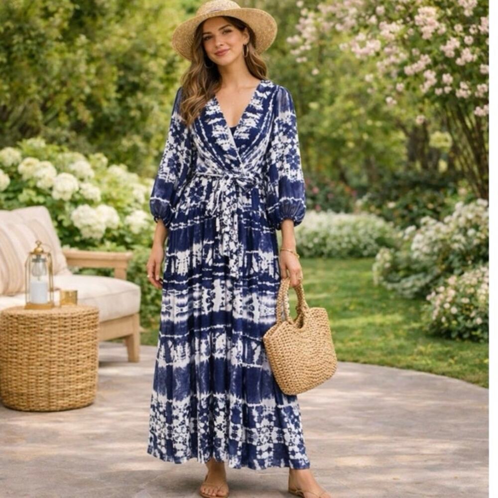 Calvin Klein Tie-Dyed Wrap Maxi Dress Size 2 Blue White Boho Hippie